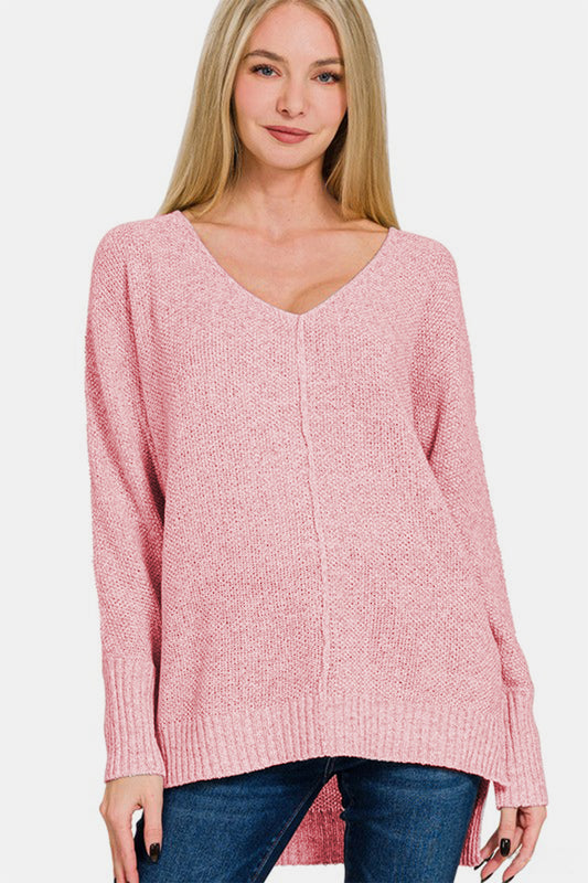 High-Low Center Seam V-Neck Sweater