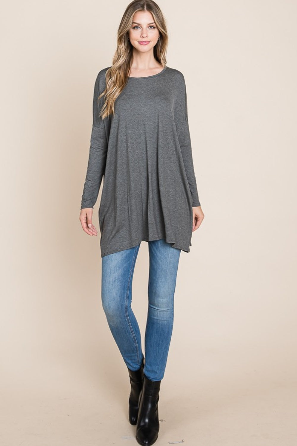Round Neck Long Sleeve Tunic - Charcoal