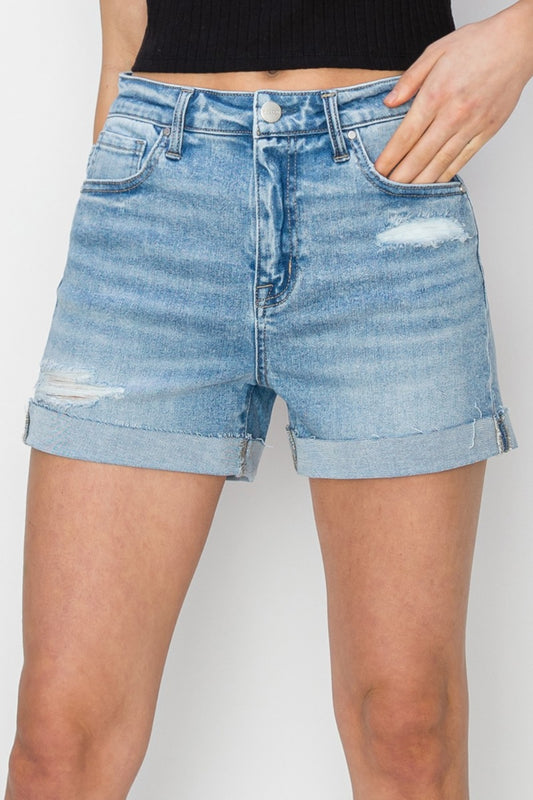 RISEN Distressed Mid-Rise Waist Denim Shorts
