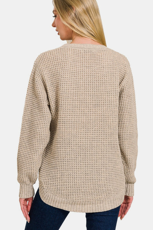 High Low Long Sleeve Waffle Sweater - H. Beige