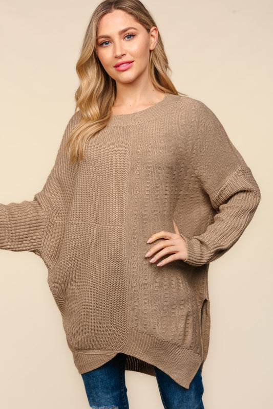 Side Slit Texture Asymmetric Sweater - Taupe