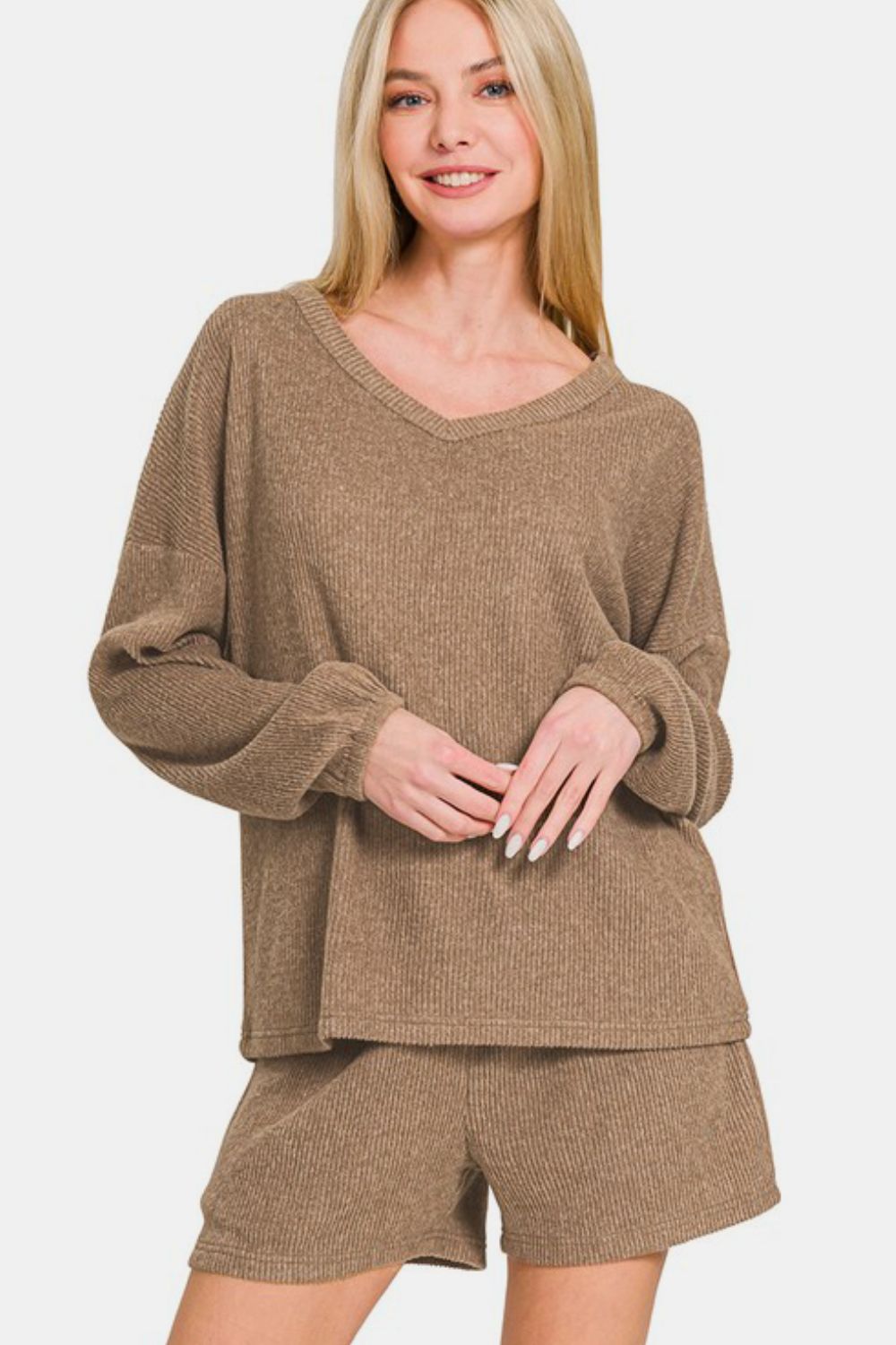 V-Neck Long Sleeve Ribbed Top and Shorts Set - Camel