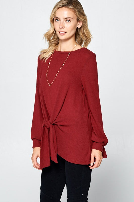 Round Neck Knot Front Hacci Blouse
