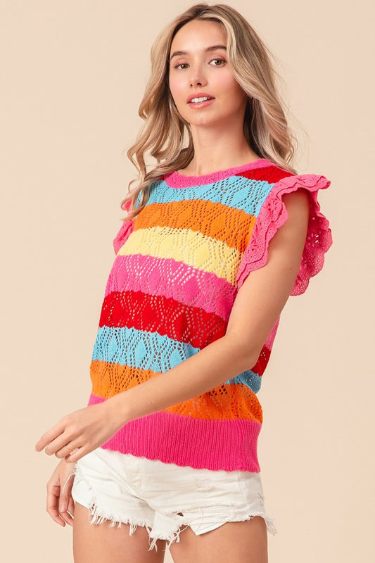 Pointelle Striped Ruffled Knit Top