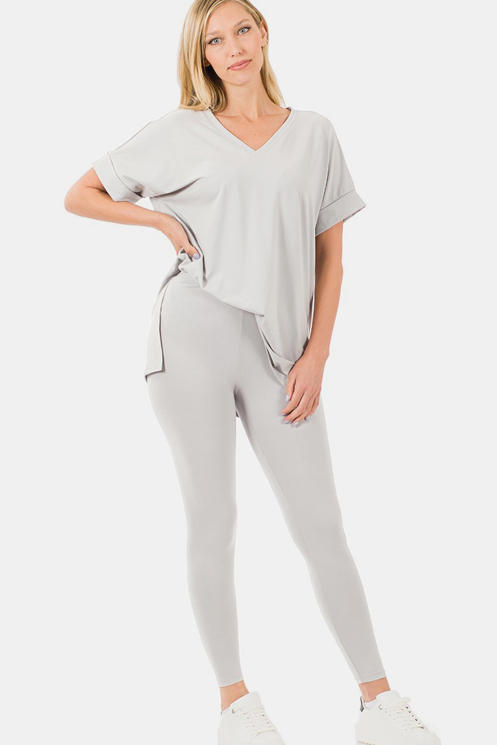 V-Neck Rolled Short Sleeve T-Shirt and Leggings Lounge Set - LT Cement