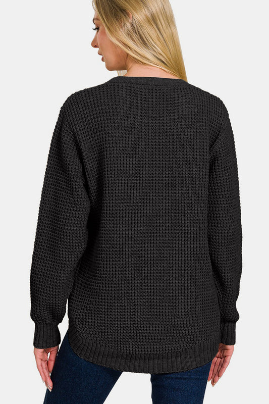 High Low Long Sleeve Waffle Sweater - Black