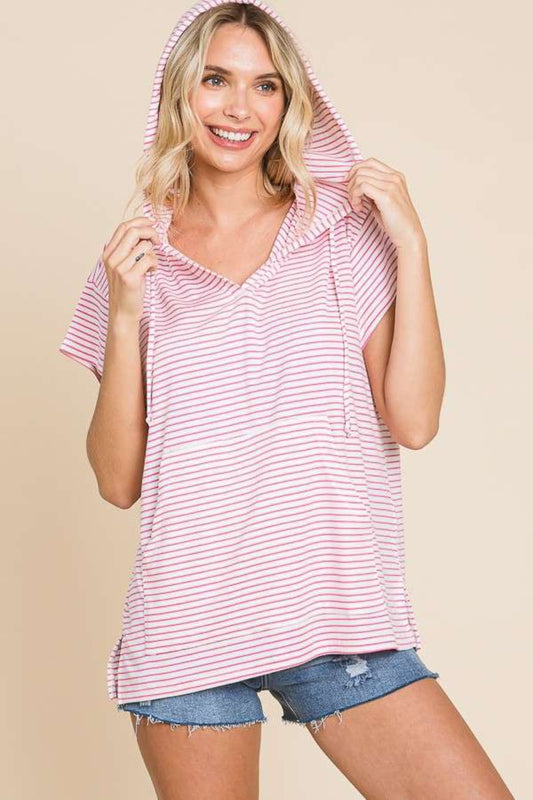 Striped Short Sleeve Hooded Top