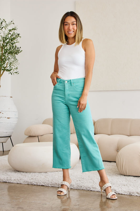 RFM Tummy Control High Waist Raw Hem Cropped Jeans - Island Green