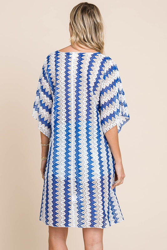 Tied Striped Plunge Half Sleeve Cover-Up