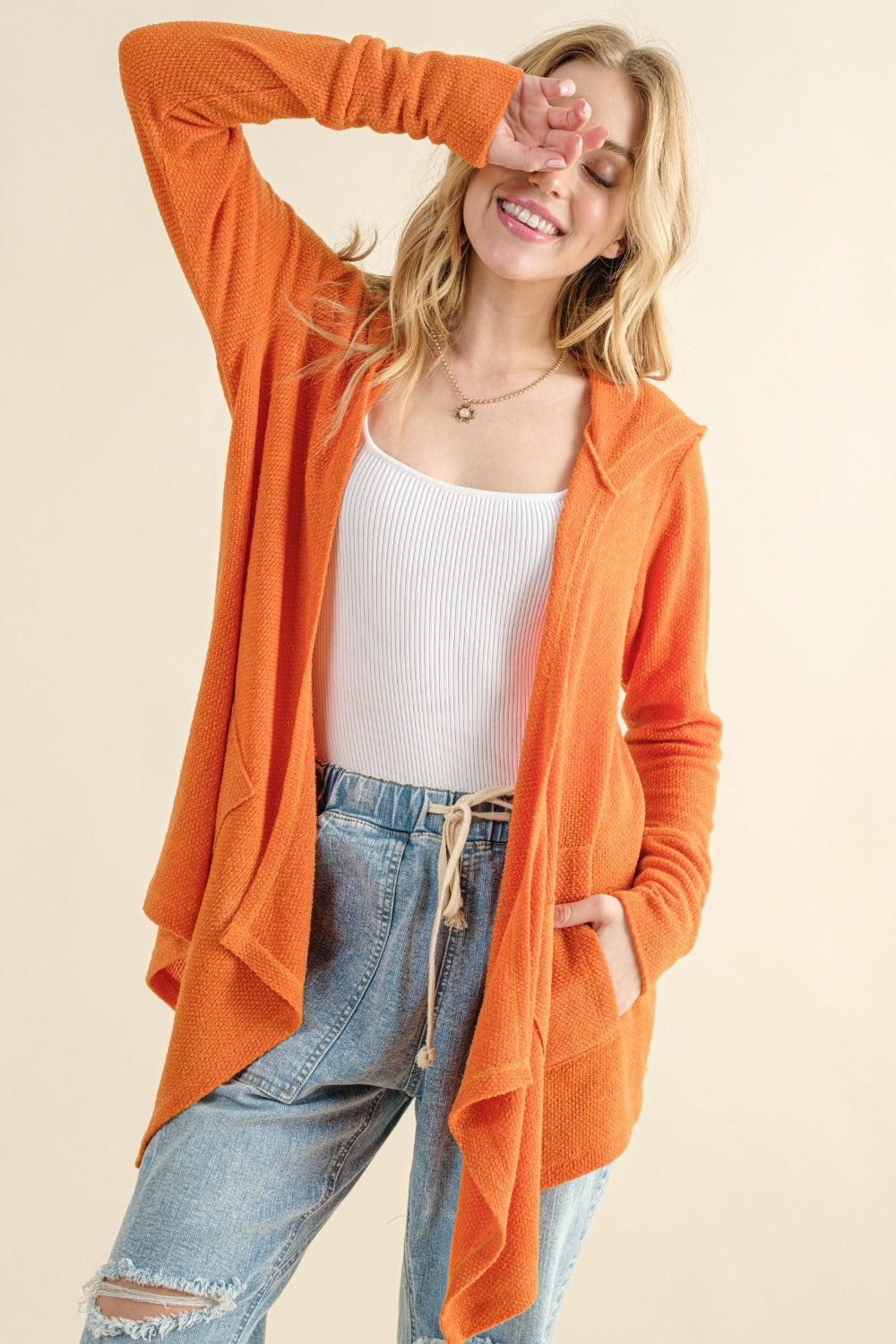 Thermal Hooded Open Front Cardigan with Pockets - Dusty Coral