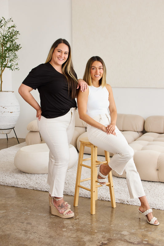 RFM Tummy Control High Waist Raw Hem Cropped Jeans - Off White