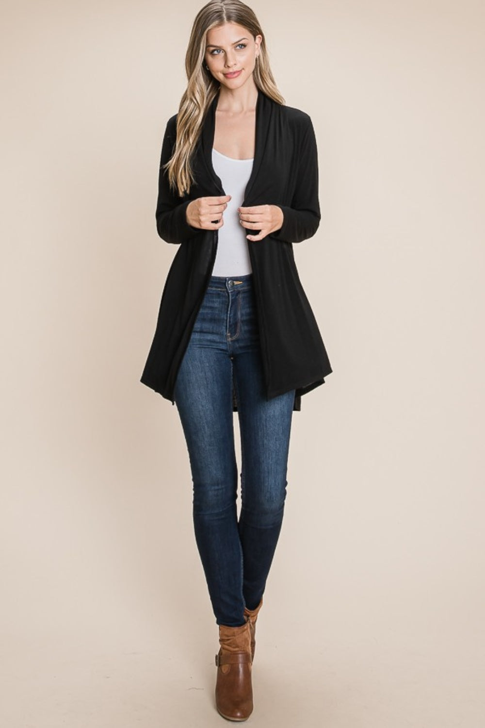 Open Front Long Sleeve Cardigan - Black