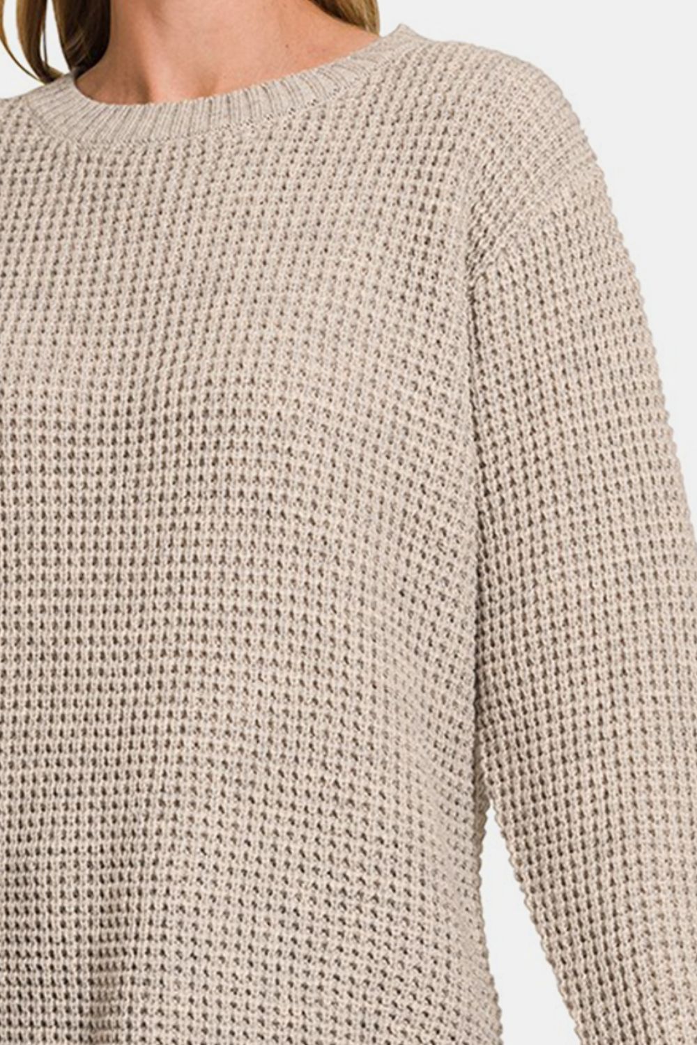 High Low Long Sleeve Waffle Sweater - H. Mocha