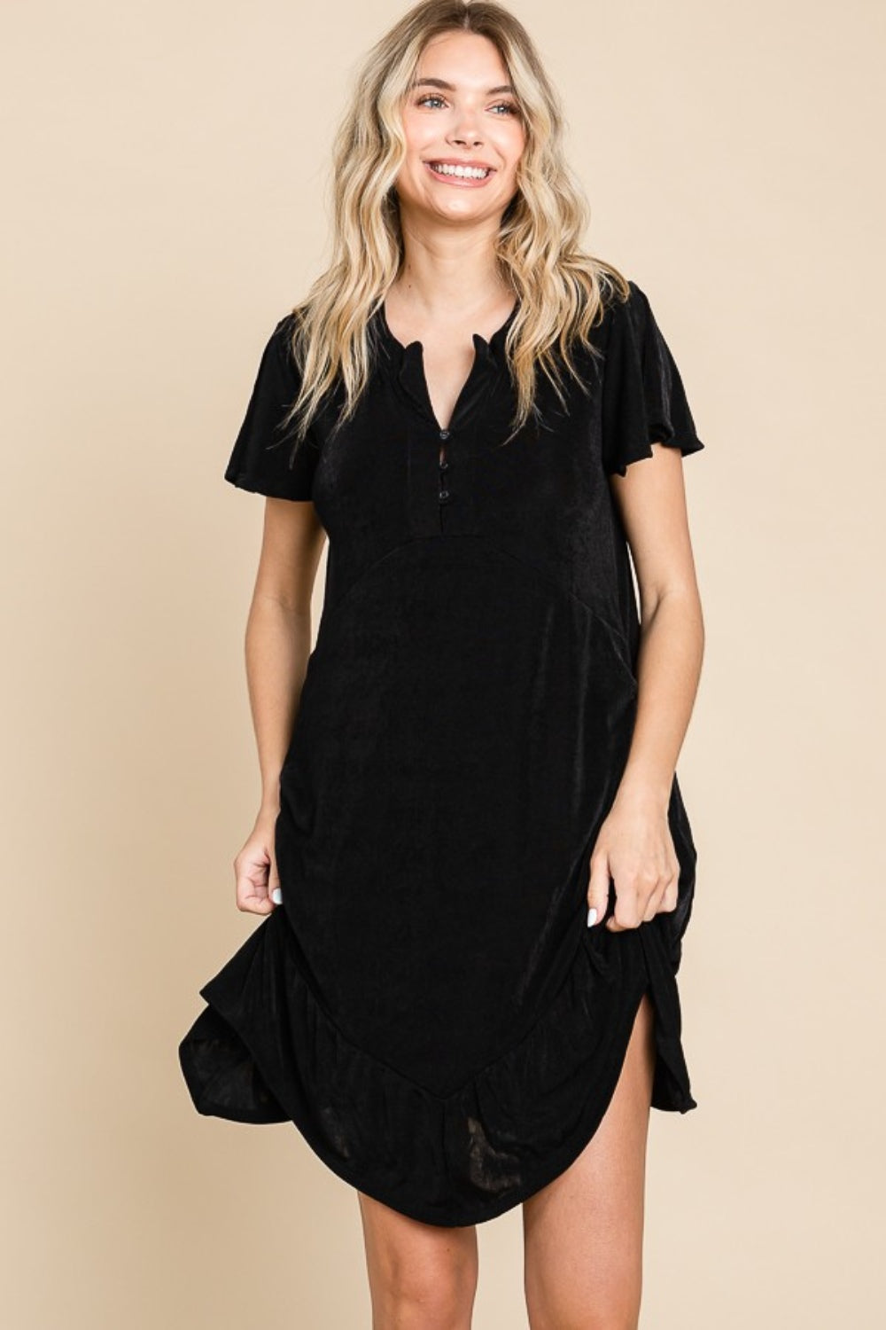 Notched Short Sleeve Black Dress