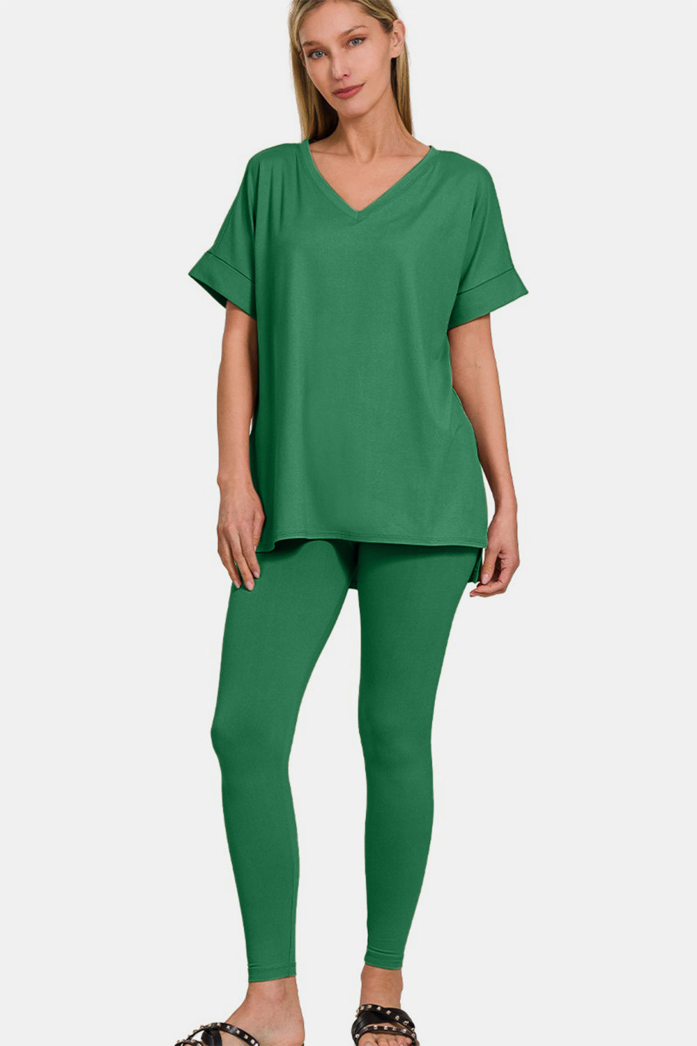 V-Neck Rolled Short Sleeve T-Shirt and Leggings Lounge Set - Forest Green