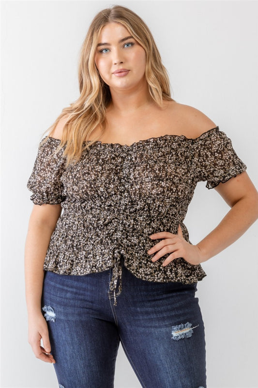 Plus Size Frill Ruched Off-Shoulder Short Sleeve Blouse - 2 colors
