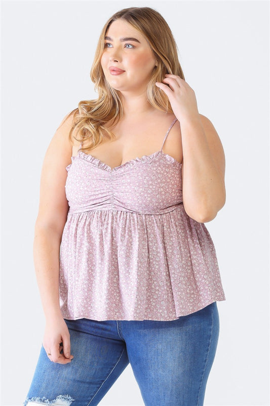 Plus Size Frill Smocked Floral Sweetheart Neck Cami - 4 colors