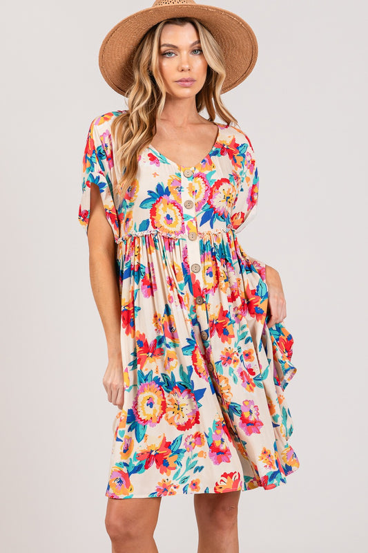 Floral Button-Down Short Sleeve Dress