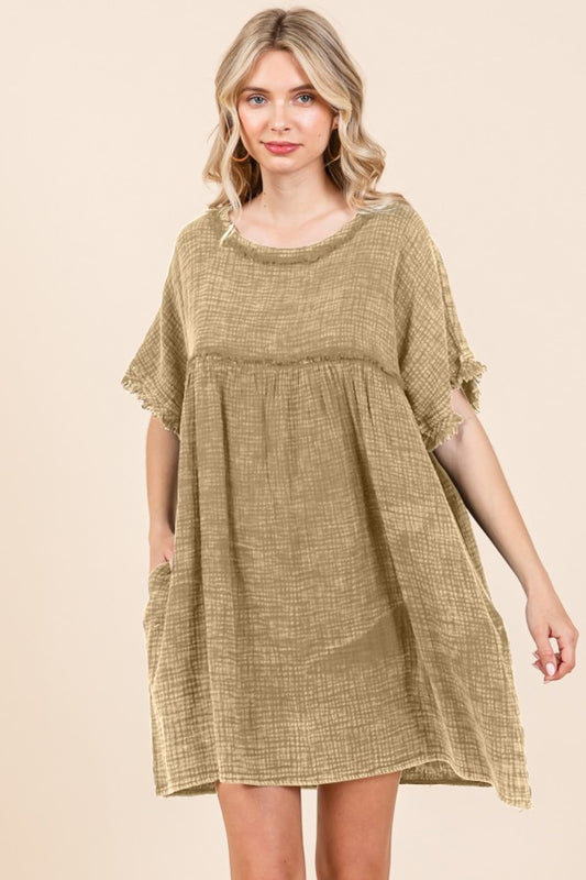 Short Sleeve Babydoll Texture Dress with Pockets - Iced Coffee