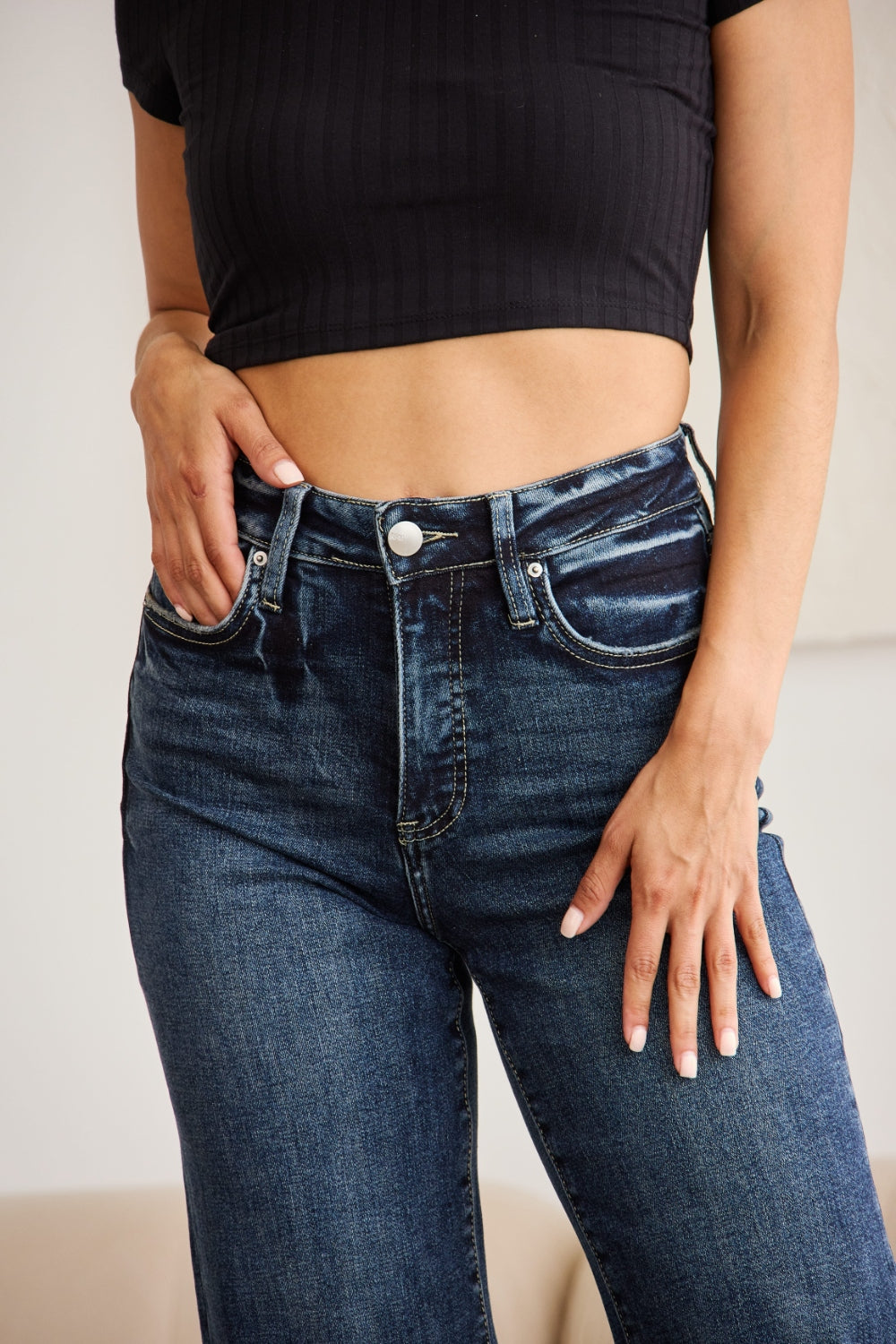 RFM Tummy Control High Waist Raw Hem Distressed Jeans