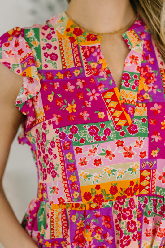 Lizzy Flutter Sleeve Dress in Patchwork Floral