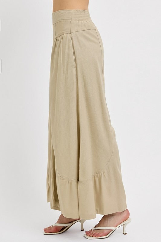 RISEN Shirring Detail Wide Leg Tan Pants