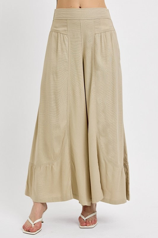 RISEN Shirring Detail Wide Leg Tan Pants