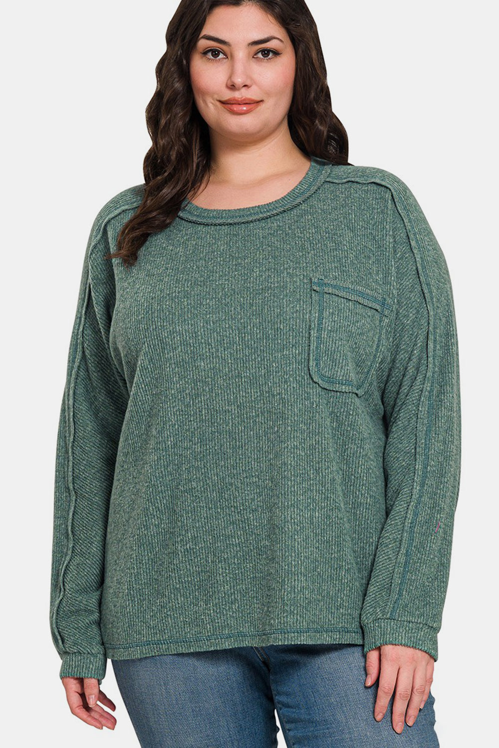 Contrast Stitching Brushed Ribbed Hacci Knit Top - Ash Jade