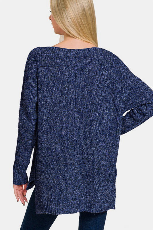 High-Low Center Seam V-Neck Sweater - Navy