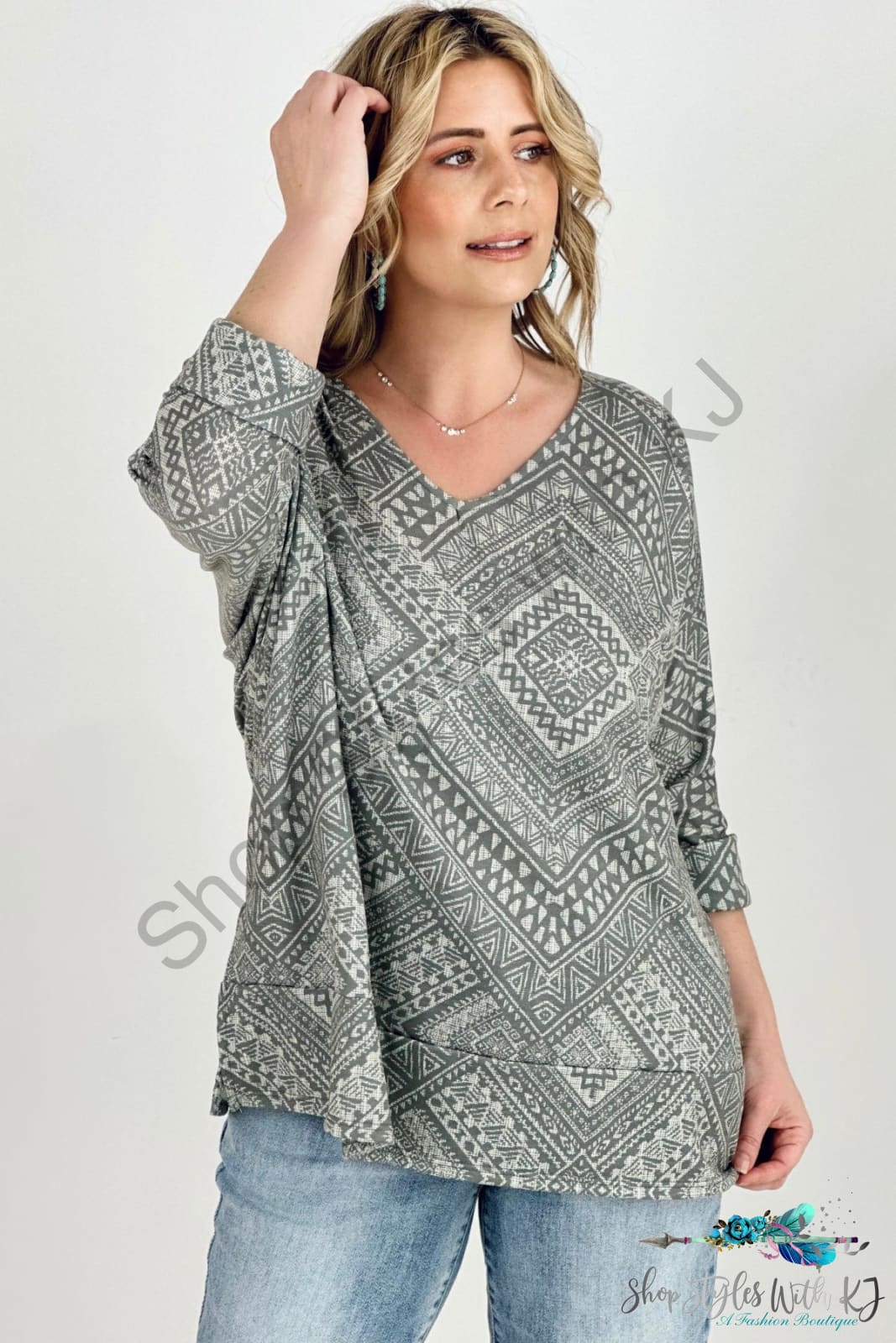 Aliza Aztec Print French Terry V Neck Top Blouses