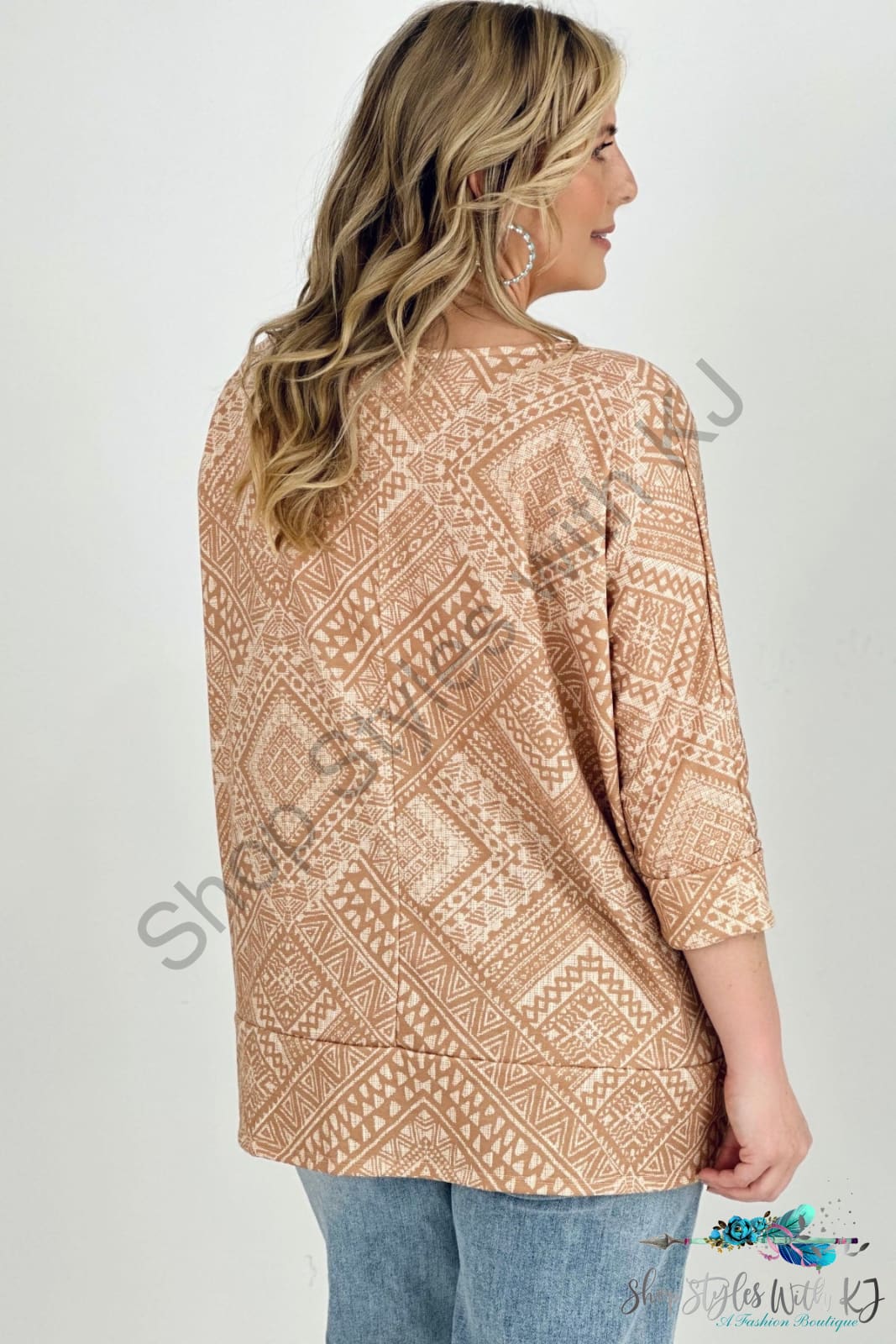 Aliza Aztec Print French Terry V Neck Top Blouses