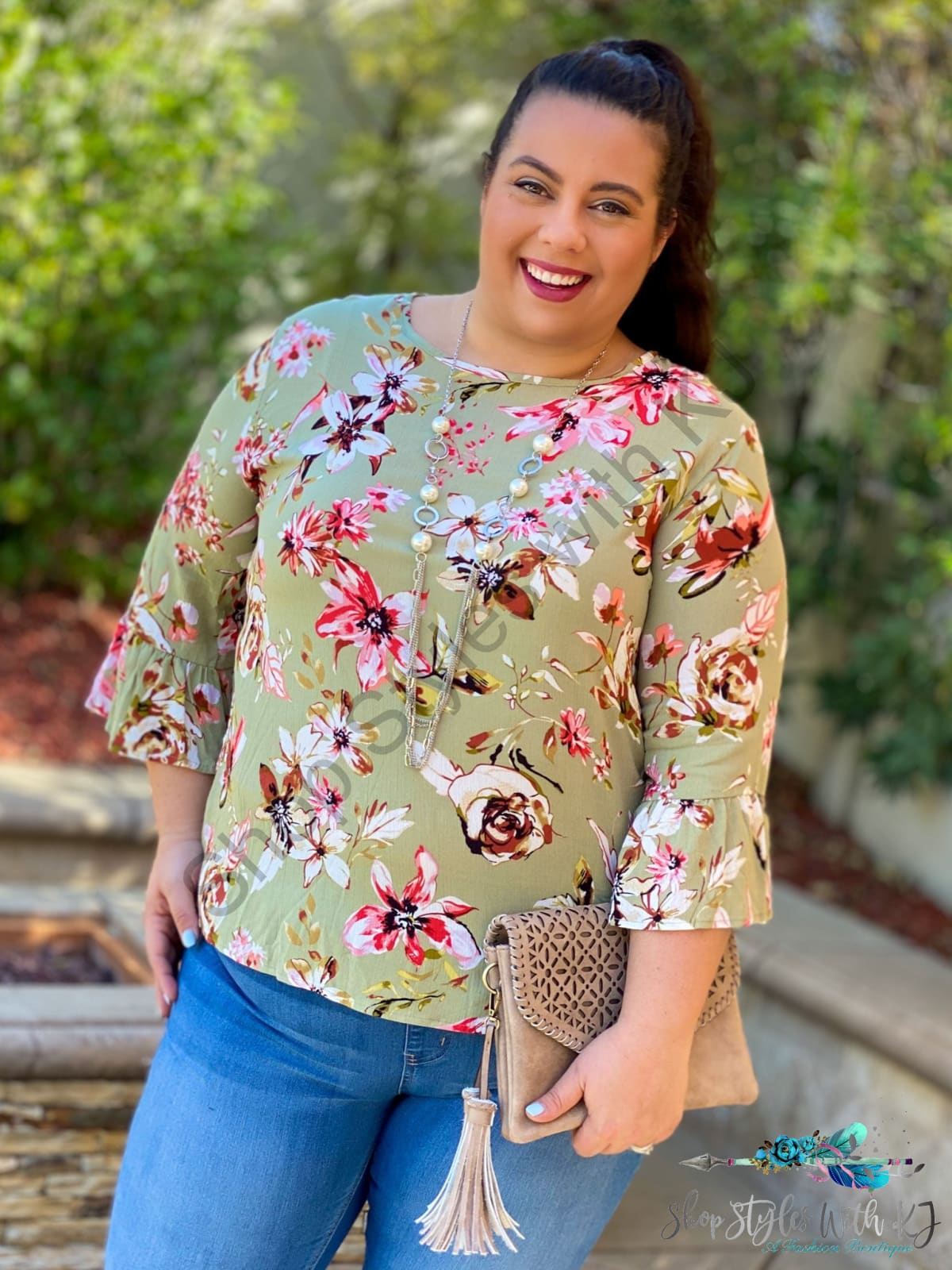 All Around Flowers Ruffled 3/4 Sleeve Top