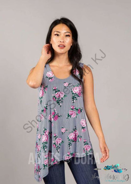 Asymmetrical Tank Navy/plum Stripe Floral