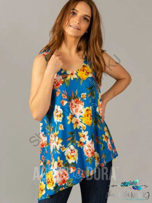 Asymmetrical Tank Princess Blue Watercolor Floral