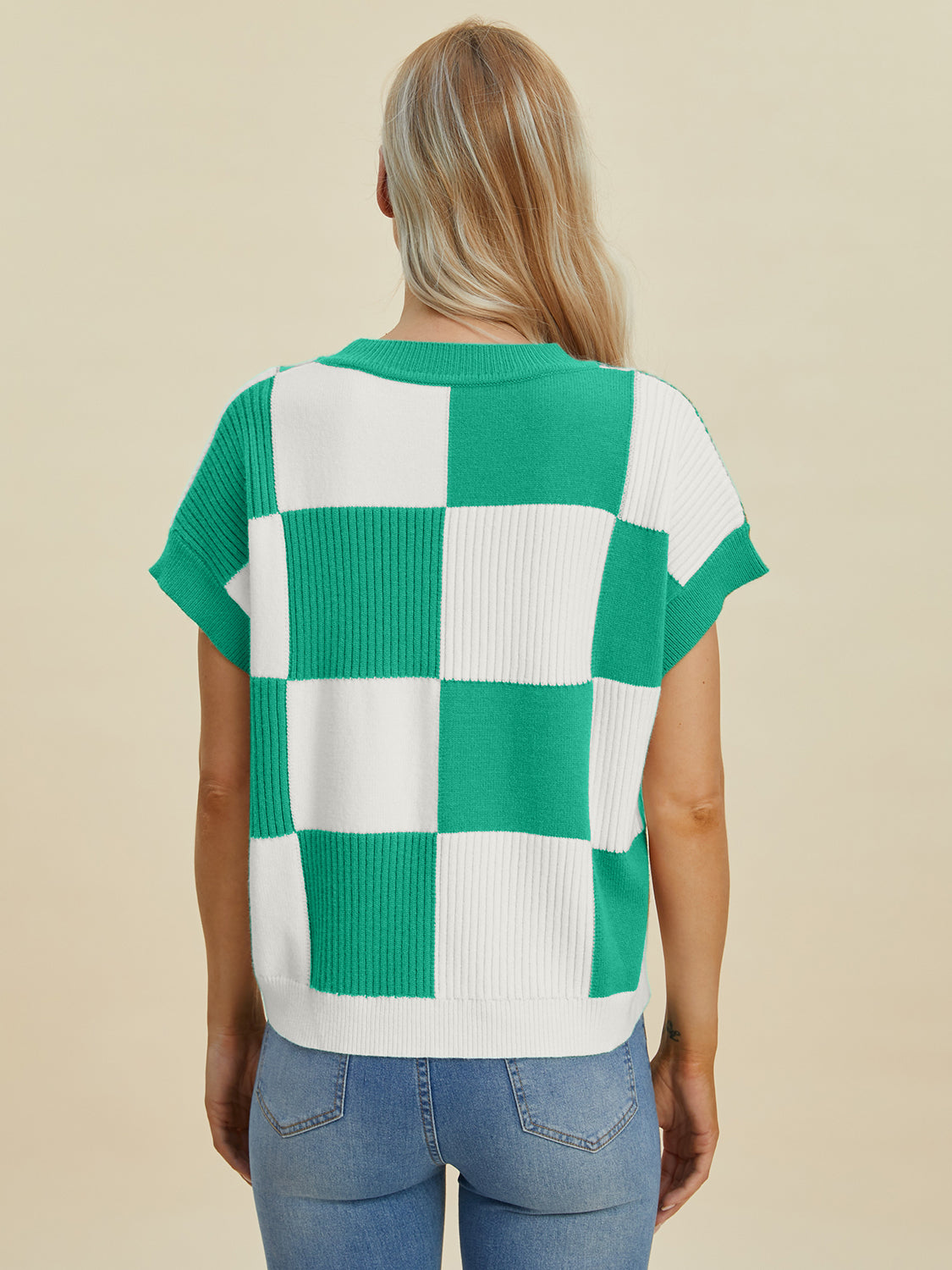 Checkered Round Neck Short Sleeve Sweater - 4 colors