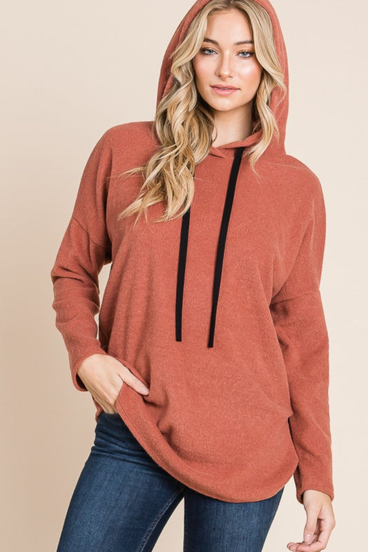 Contrast Drawstring Drop Shoulder Knit Hoodie - Brick