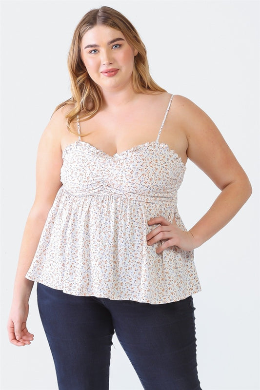 Plus Size Frill Smocked Floral Sweetheart Neck Cami - 4 colors