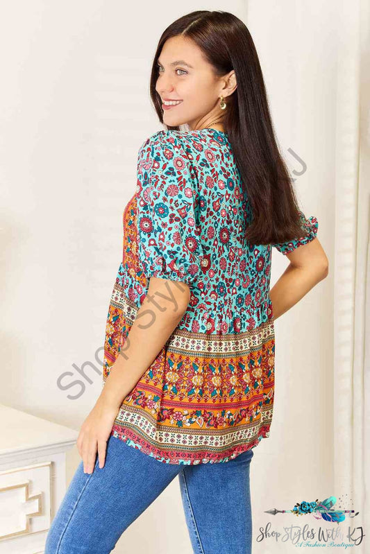 Double Take Bohemian Tassel Tie Puff Sleeve Babydoll Blouse