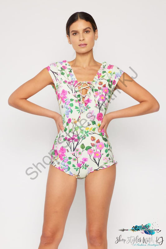 Marina West Swim Bring Me Flowers V-Neck One Piece Swimsuit Cherry Blossom Cream Swimwear