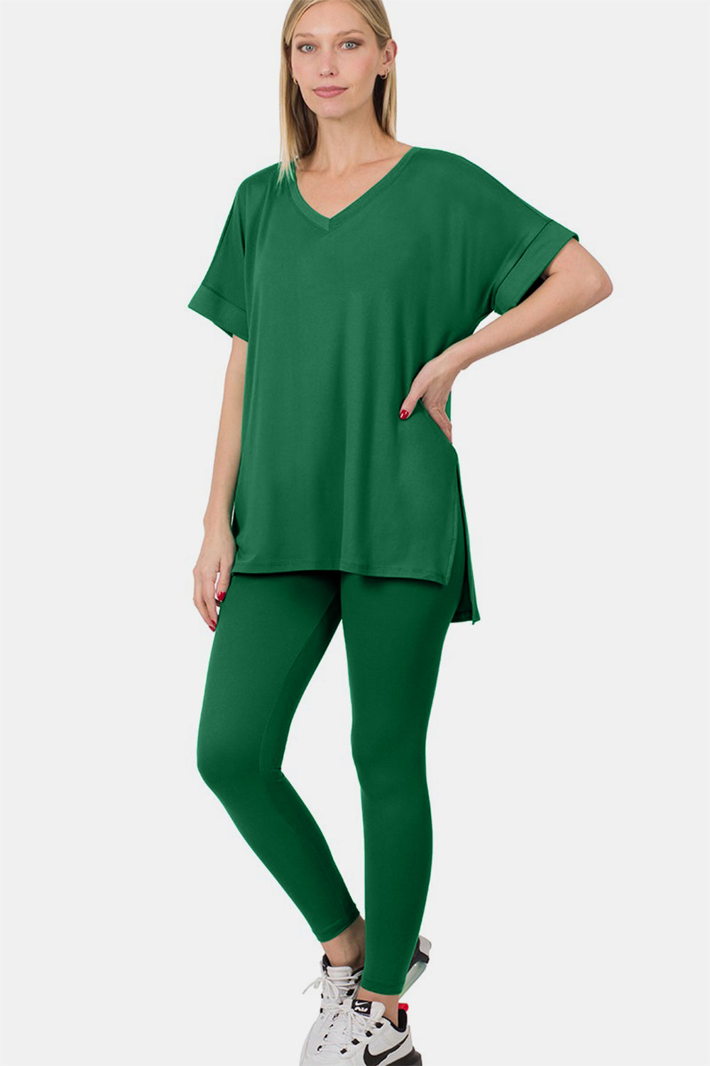 V-Neck Rolled Short Sleeve T-Shirt and Leggings Lounge Set - DK Green