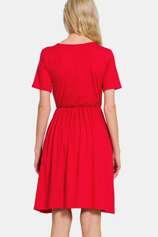 Ready for Anything Surplice Short Sleeve Brushed DTY Dress - Red