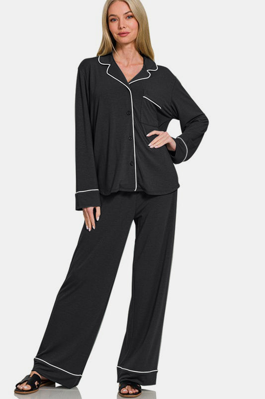 Button Down Long Sleeve Top and Pants Lounge Set - Black