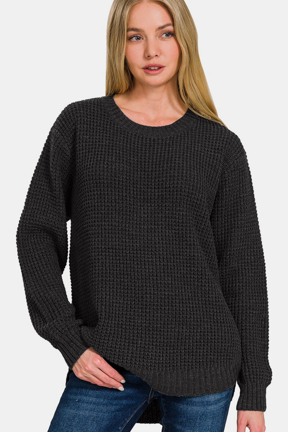 High Low Long Sleeve Waffle Sweater - Black