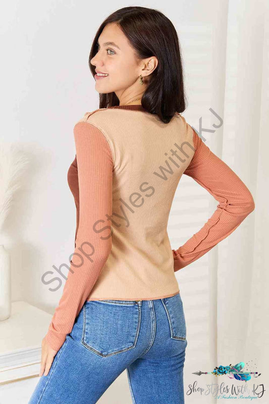 Color Block Exposed Seam Long Sleeve Top Shirts & Tops