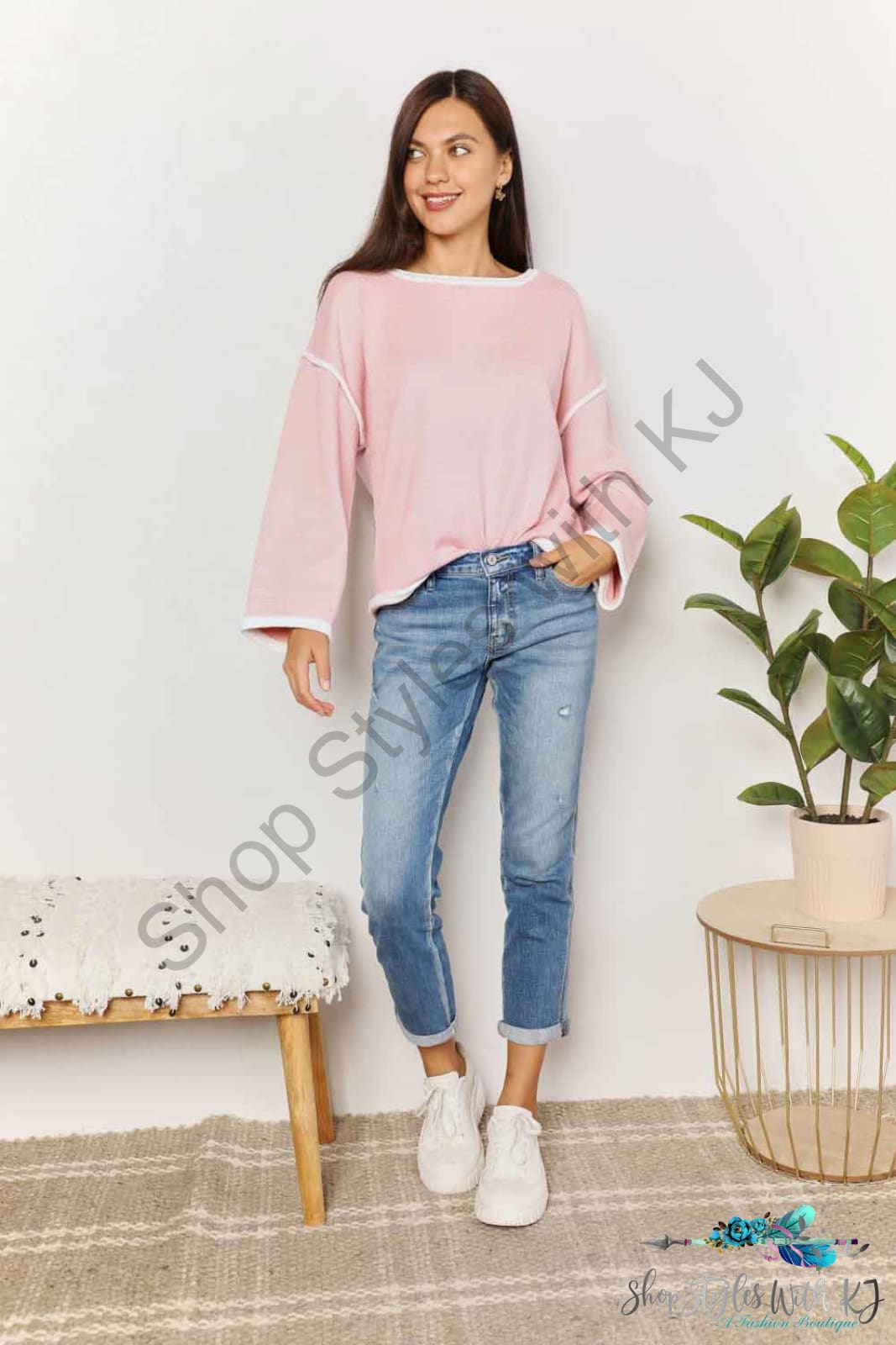 Double Take Contrast Detail Dropped Shoulder Knit Top