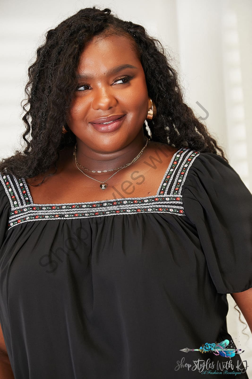 Double Take Contrast Square Neck Puff Sleeve Blouse Shirts & Tops