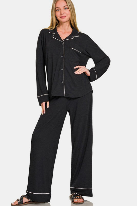 Button Down Long Sleeve Top and Pants Lounge Set - Black