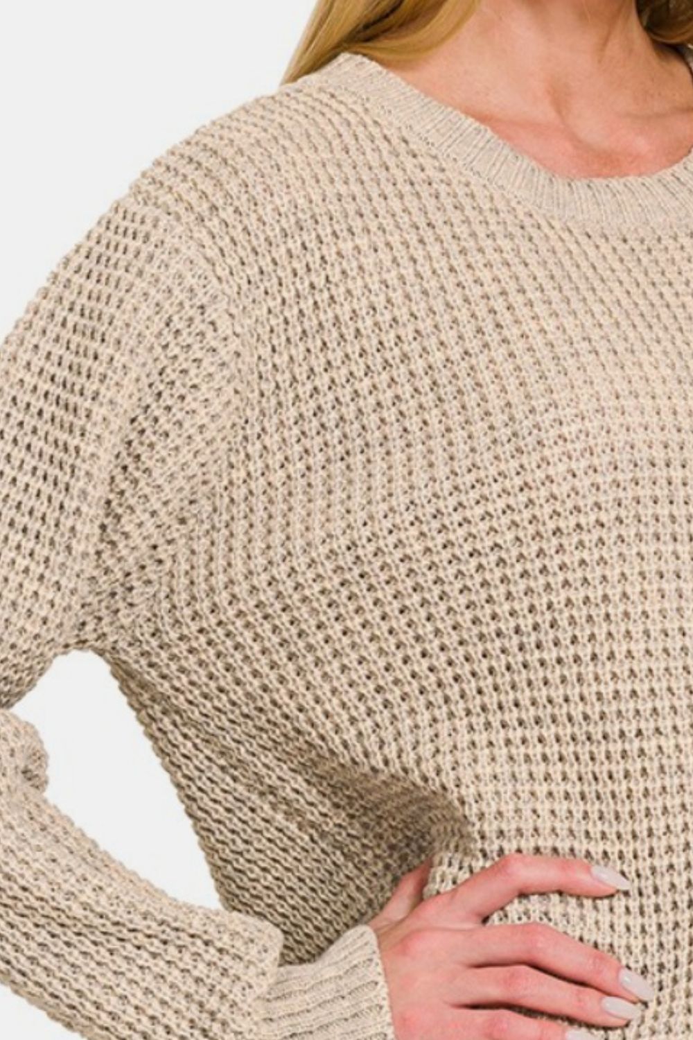 High Low Long Sleeve Waffle Sweater - H. Beige