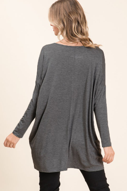 Round Neck Long Sleeve Tunic - Charcoal