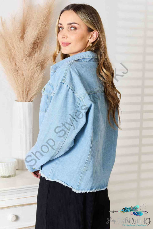 Double Take Dropped Shoulder Raw Hem Denim Jacket Shirts & Tops